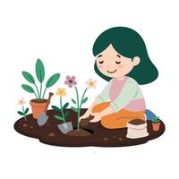 A girl is planting flowers in the garden vector