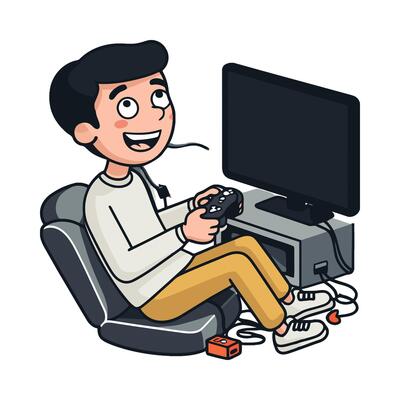 A cartoon man sitting in a chair with a controller