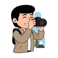A cartoon man holding a camera and taking a picture vector