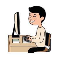 A cartoon man is sitting at a desk with a computer vector