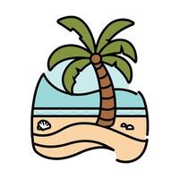 A cartoon palm tree on the beach with waves and a rock vector