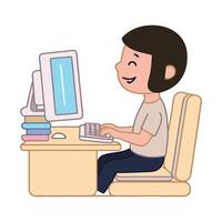 A cartoon boy sitting at a desk with a computer vector