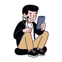 A man sitting on the floor with headphones and a cell phone vector