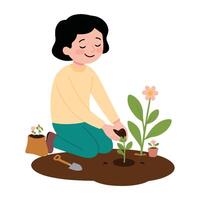 A woman is planting a flower in the ground vector