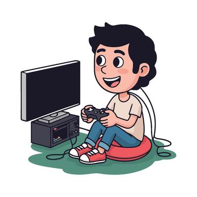 A cartoon boy playing games on a couch