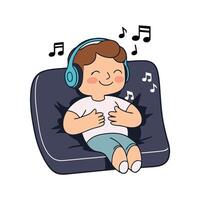 A boy with headphones is sitting on a couch vector