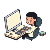 A cartoon man sitting at a computer and typing vector