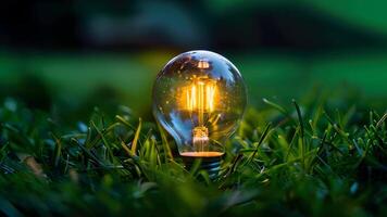 Concepts of environmental conservation and global warming. bulb on green grass. video