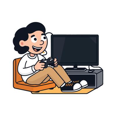 A cartoon man playing games on a couch
