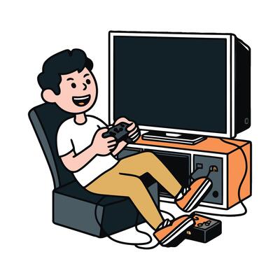 A cartoon man sitting on a chair with a game controller