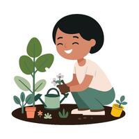 A woman is planting a plant in the garden vector