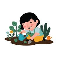 A little girl is watering plants in the garden vector