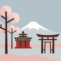 Japanese landscape with tori gate and mountain vector