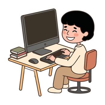 A boy sitting at a desk with a computer vector