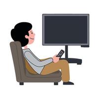 Man sitting on chair with remote control in hand watching tv vector
