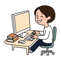 A cartoon man sitting at a desk with a computer vector