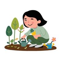 A woman is watering plants in the garden vector