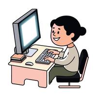 A cartoon woman is sitting at a desk with a computer vector