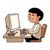A cartoon man is sitting at a desk with a computer vector