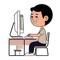 A cartoon boy sitting at a desk with a computer vector