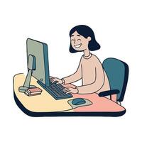 A woman is sitting at a desk and using a computer vector