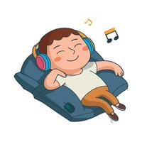 A cartoon boy is lying on a couch with headphones on vector