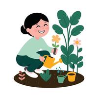 A woman is watering plants in the garden vector
