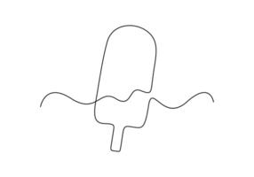 Continuous line of bitten ice cream. One line drawing of ice cream with a bitten wooden stick. Pro illustration vector
