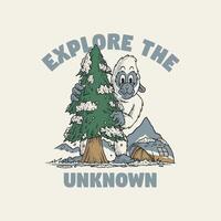 retro cartoon emblem of yeti peeping behind a pine tree vector