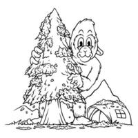coloring illustration of big monkey peeping behind a tree vector