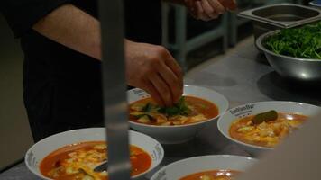 Close-up of chef preparing soup in restaurant. Media. Cook decorates soup with herbs before serving. Soup is decorated with herbs before serving in restaurant video