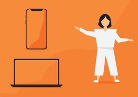 Gadgets and a person at orange background vector
