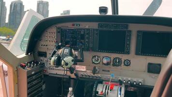 Seattle Washington 10.09.2024 Cockpit of a seaplane with control panel and instruments. The cockpit of a seaplane with detailed control panels and instruments, showcasing the complexity of flight video