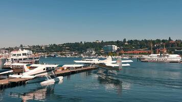 Seattle Washington 10.09.2024 Kenmore Air - Lake Union Seaplanes docked at a harbor on a sunny day. Multiple seaplanes are docked at a harbor, ready for departure, while boats and yachts float nearby. video