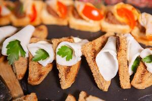 Appetizing Platter of Assorted Canap s Featuring Fresh Ingredients and Colorful Toppings photo