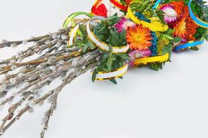 willow Sunday background of willow branches, willow bouquets. Easter top view. place for text photo
