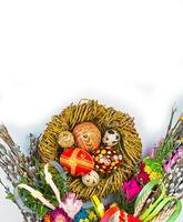 willow Sunday background of willow branches, willow bouquets. Easter top view. place for text photo