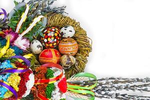 willow Sunday background of willow branches, willow bouquets. Easter top view. place for text photo