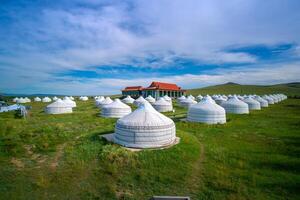 Group of Yurts, or Gers camping, portable tent used as a dwelling by several distinct nomadic groups in the steppes and mountains of Inner Asia, a highlight for traveling in Mongolia photo