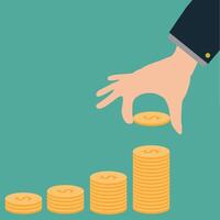 Hands stacking coins. Human hand putting coin to stack of coins on green background. Investment, saving money or finance growth business. Hand put coin to money staircase. vector