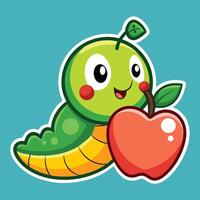 Cartoon Caterpillar Munching on a Red Apple with Green Leaves and Stem vector