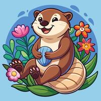 Adorable Cartoon Otter Sticker Holding a Seashell with a Cheery Grin vector