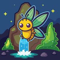 Luminescent Firefly Illuminating a Tranquil Waterfall in a Cartoon Scene vector