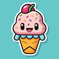 Charming Cartoon Ice Cream Cone Sticker with a Cheerful Smile vector