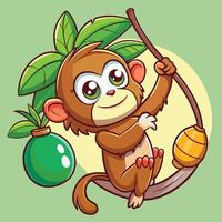 Animated Sticker of a Cheeky Monkey Swinging Delightfully on a Vine vector
