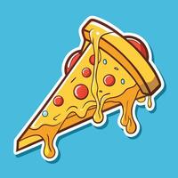 Cheesy, Stretchy Cartoon Pizza Slice Sticker with Bite Marks vector