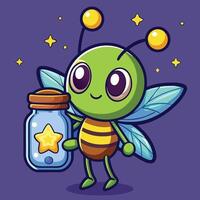 Cartoon Sticker of a Firefly Holding a Glowing Jar of Stardust vector