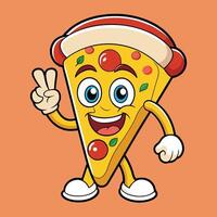 Amusing Cartoon Sticker Depicting a Smiling Pizza Slice Spreading Peace vector