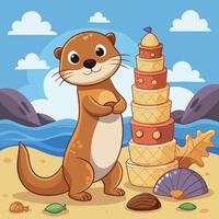 Playful Otter Constructing a Tower of Toy Blocks in Cartoon Sticker vector