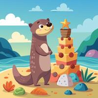 Playful Otter Cartoon Building a Tower of Blocks vector